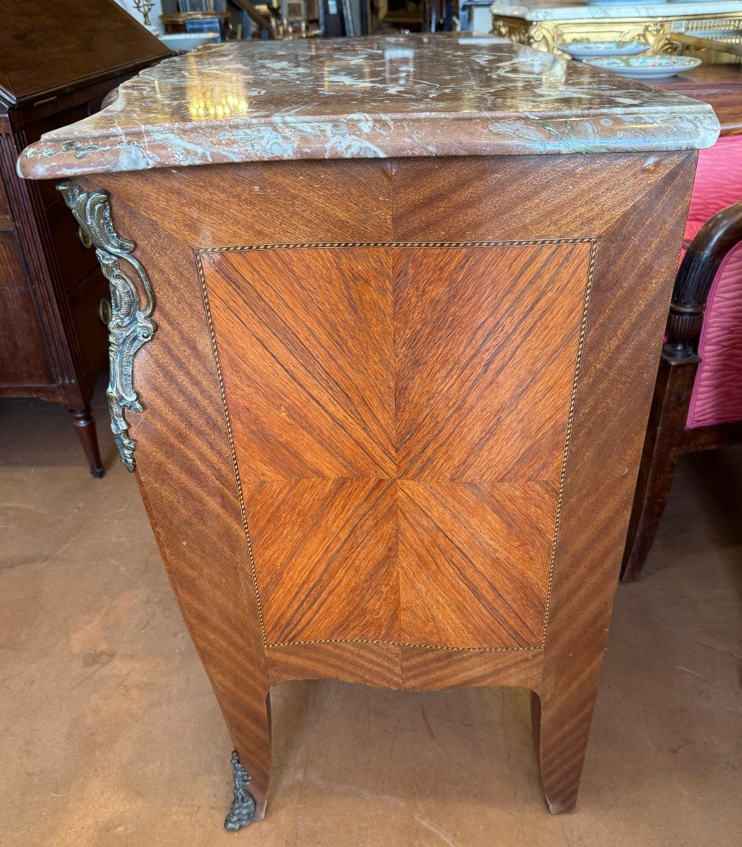 Small Louis XV Marquetry Commode With Crossbow-shaped Top, Late 19th Century, 87 Cm-photo-3