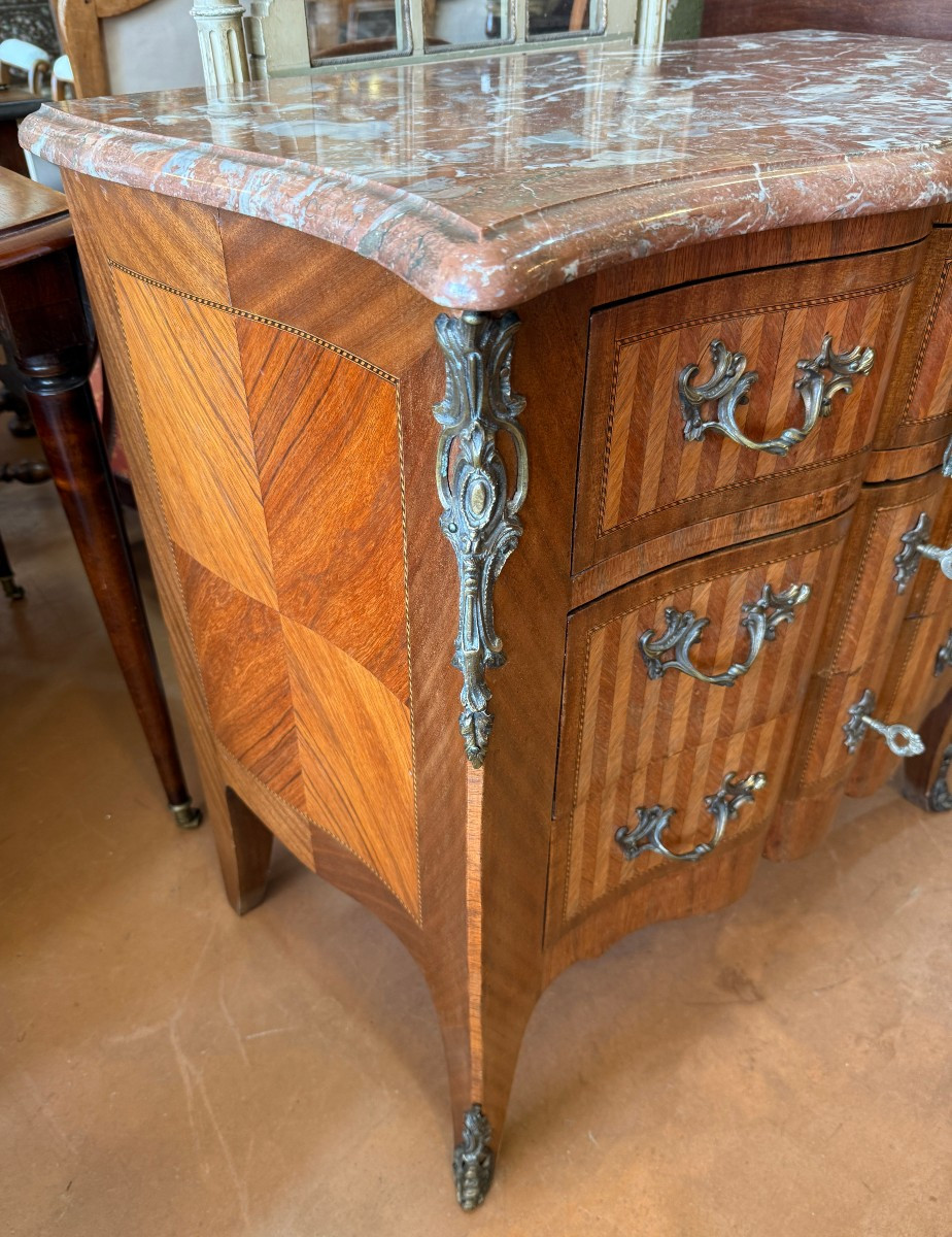 Small Louis XV Marquetry Commode With Crossbow-shaped Top, Late 19th Century, 87 Cm-photo-4