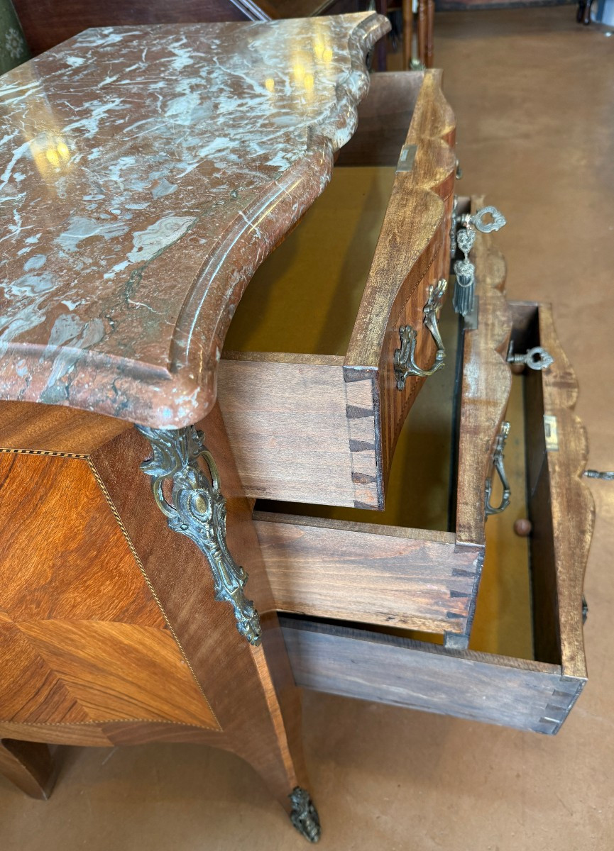 Small Louis XV Marquetry Commode With Crossbow-shaped Top, Late 19th Century, 87 Cm-photo-6