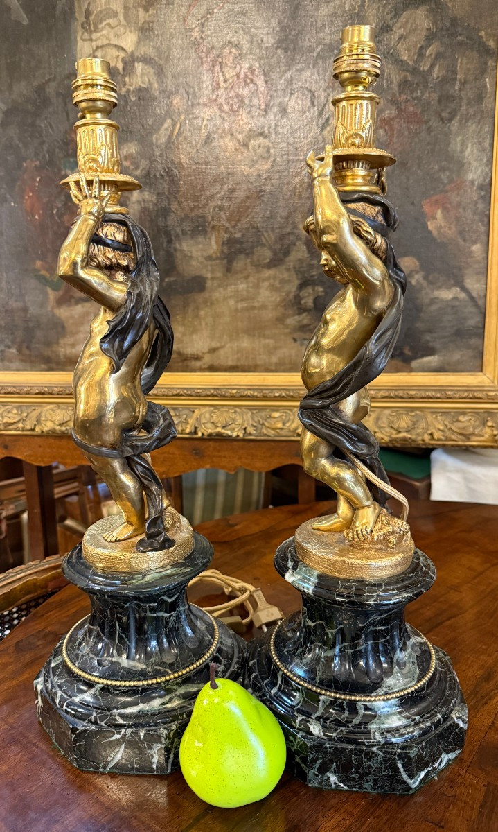 Importante paire de lampes aux putti bronze doré et marbre  fin XIXème 53 cm-photo-2