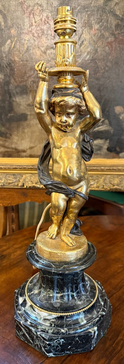 Importante paire de lampes aux putti bronze doré et marbre  fin XIXème 53 cm-photo-4