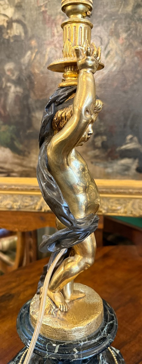 Importante paire de lampes aux putti bronze doré et marbre  fin XIXème 53 cm-photo-5