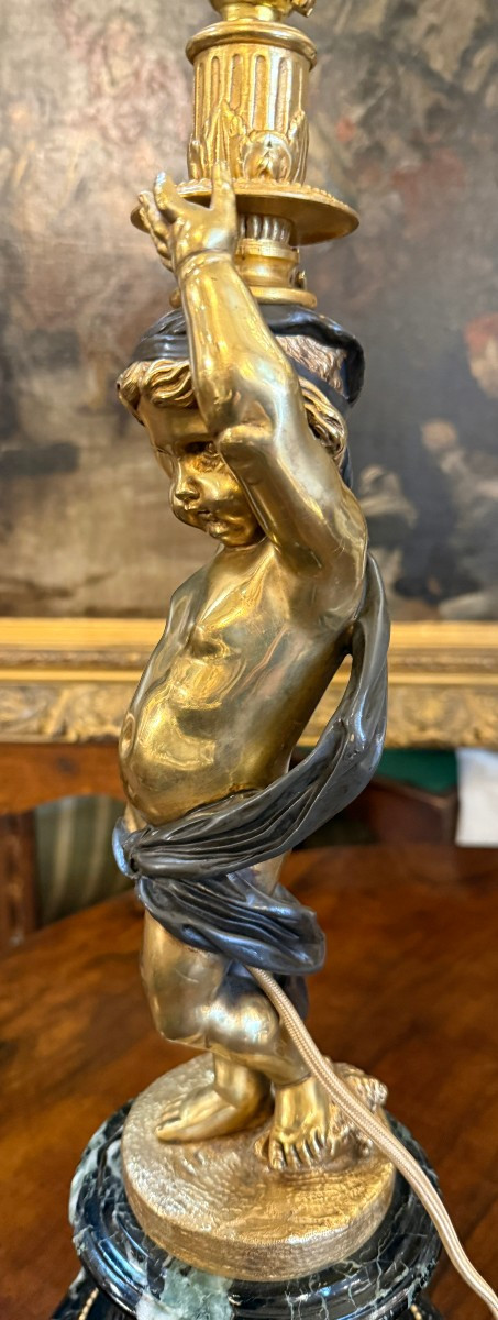 Importante paire de lampes aux putti bronze doré et marbre  fin XIXème 53 cm-photo-6