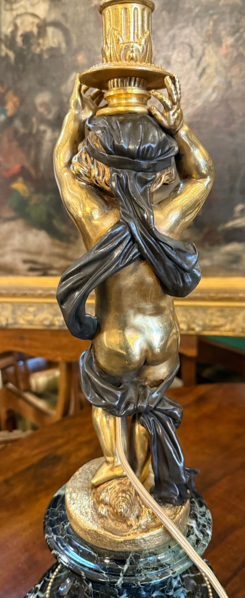 Importante paire de lampes aux putti bronze doré et marbre  fin XIXème 53 cm-photo-7