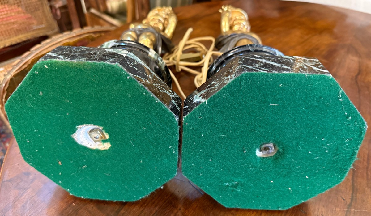 Importante paire de lampes aux putti bronze doré et marbre  fin XIXème 53 cm-photo-8