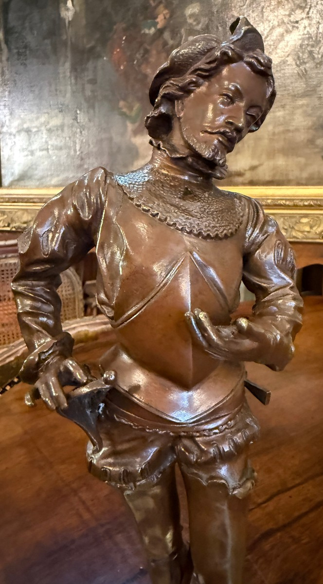 Petite sculpture bronze gentilhomme renaissance au plastron lisant un billet  par Alfred Barye -photo-1