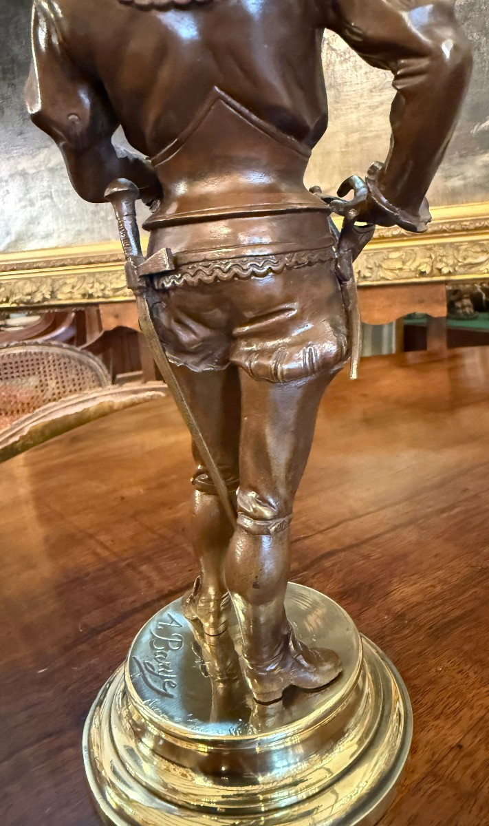 Petite sculpture bronze gentilhomme renaissance au plastron lisant un billet  par Alfred Barye -photo-5