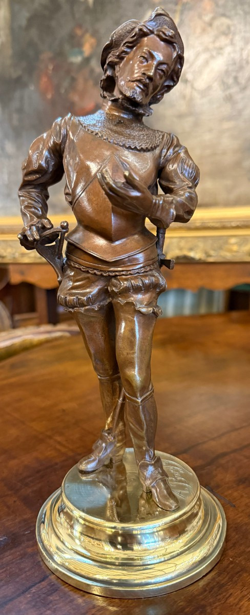 Petite sculpture bronze gentilhomme renaissance au plastron lisant un billet  par Alfred Barye 