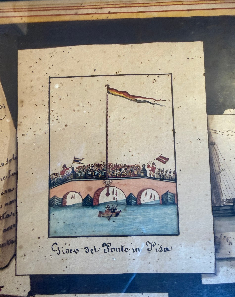 Gouache en trompe l'œil Le jeu du pont de Pise école italienne début XIXème-photo-3