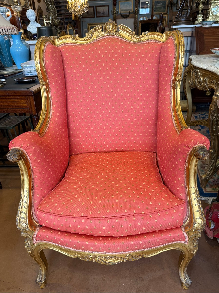 Importante paire de bergères à oreilles en bois doré style Louis XV époque Napoléon III -photo-2