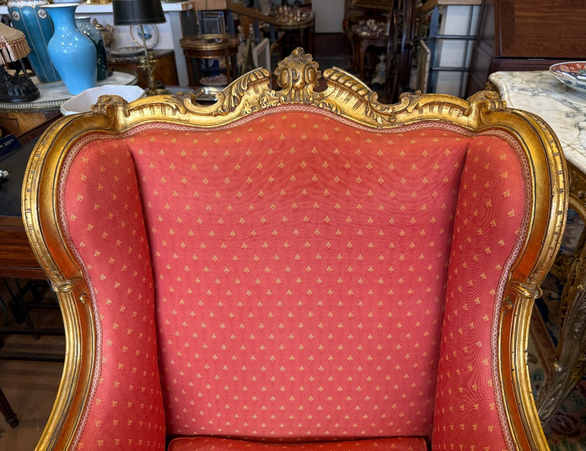 Importante paire de bergères à oreilles en bois doré style Louis XV époque Napoléon III -photo-3