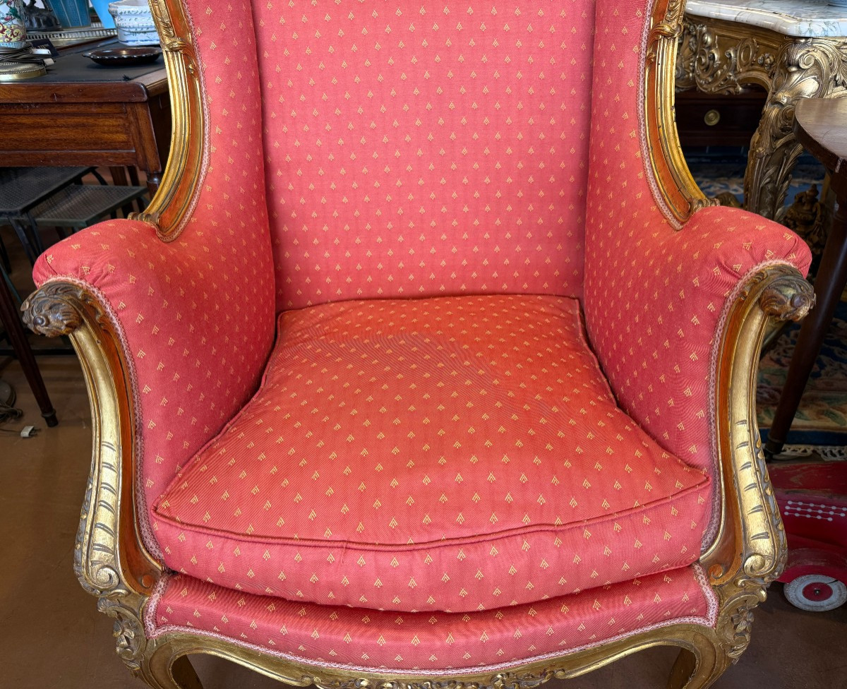 Importante paire de bergères à oreilles en bois doré style Louis XV époque Napoléon III -photo-4