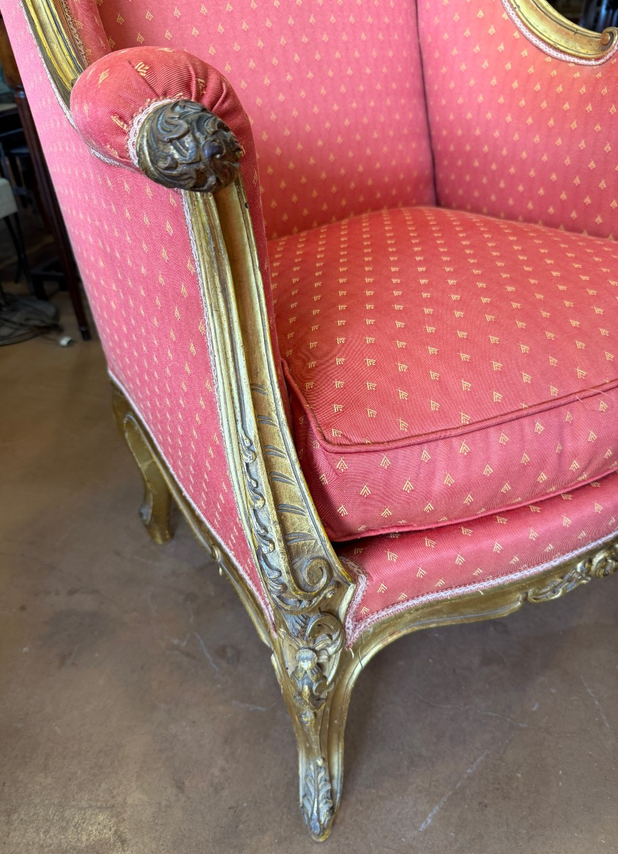 Importante paire de bergères à oreilles en bois doré style Louis XV époque Napoléon III -photo-3