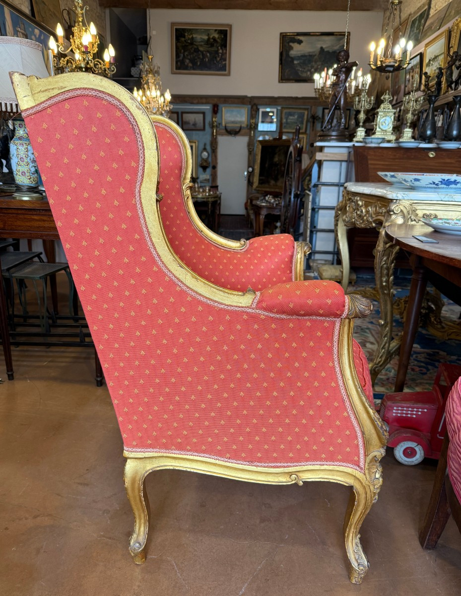 Importante paire de bergères à oreilles en bois doré style Louis XV époque Napoléon III -photo-6