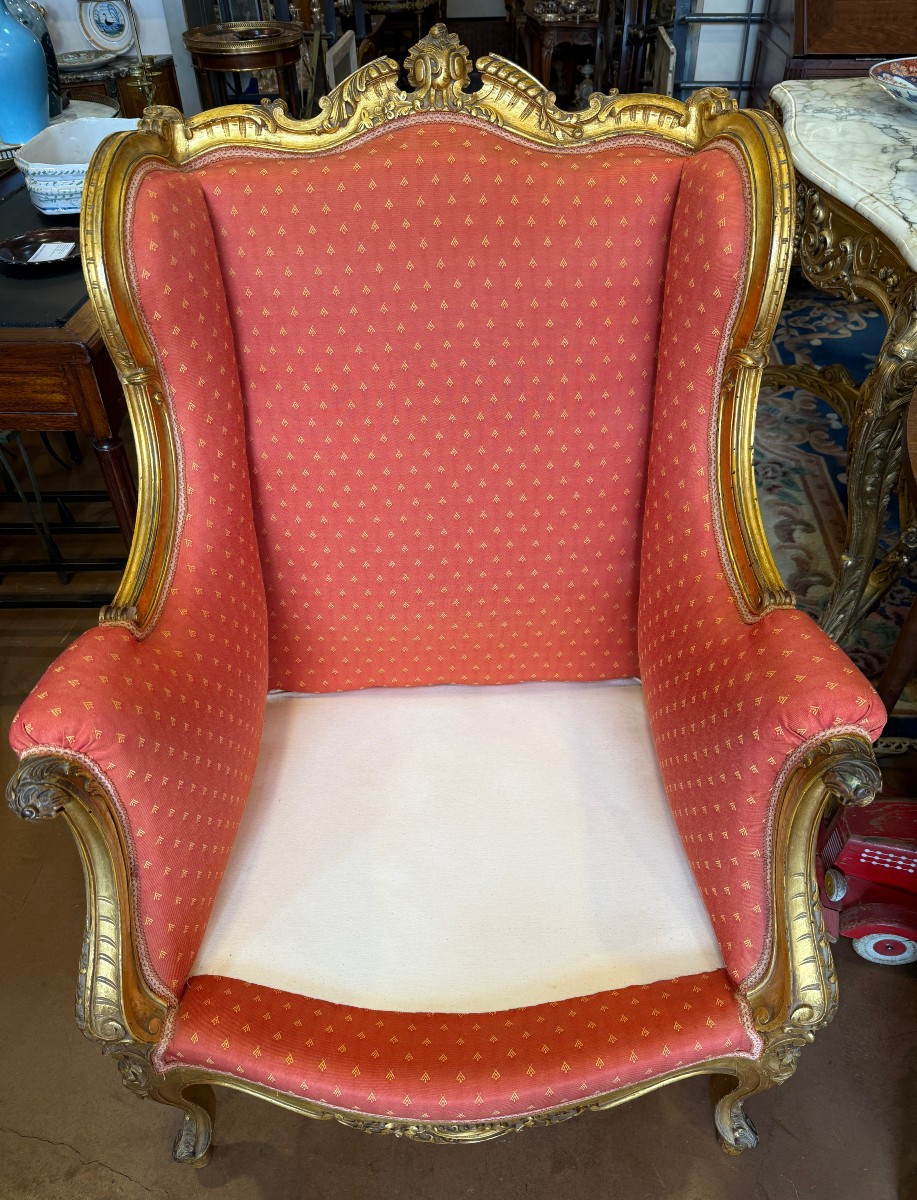 Importante paire de bergères à oreilles en bois doré style Louis XV époque Napoléon III -photo-7