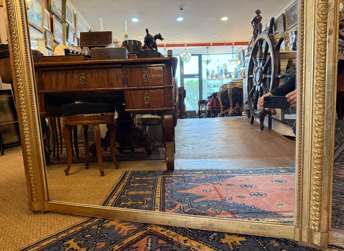 Large Louis XVI Style Fireplace Mirror In Gilded Stucco Wood, Napoleon III Period, Late 19th Century -photo-4