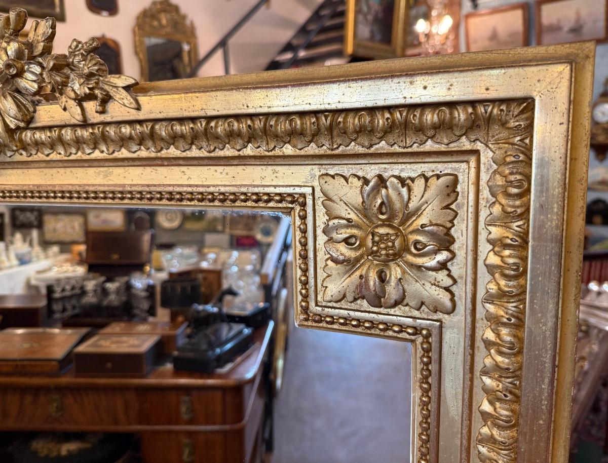 Large Louis XVI Style Fireplace Mirror In Gilded Stucco Wood, Napoleon III Period, Late 19th Century -photo-3