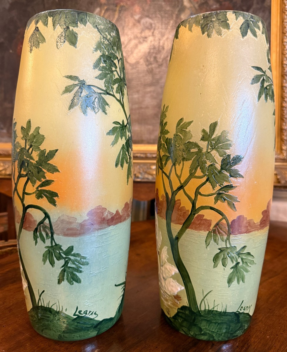Legras Pair Of Art Nouveau Enameled Vases Decorated With Swans, Late 19th Century-photo-2
