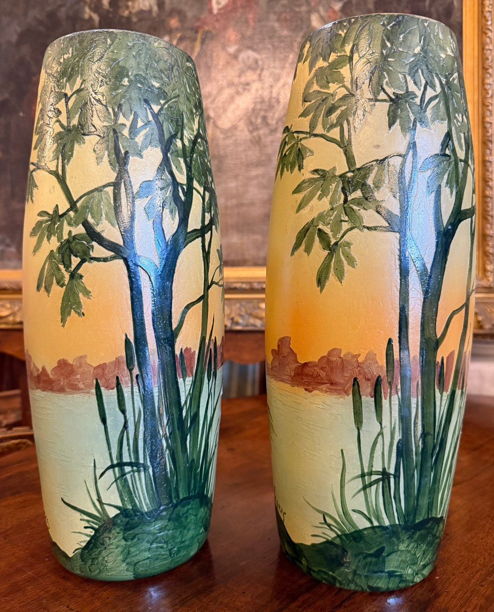 Legras Pair Of Art Nouveau Enameled Vases Decorated With Swans, Late 19th Century-photo-3