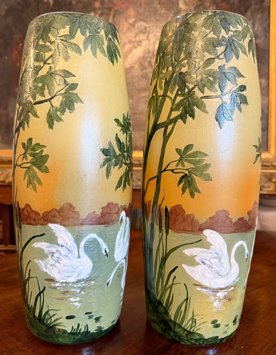 Legras Pair Of Art Nouveau Enameled Vases Decorated With Swans, Late 19th Century-photo-4