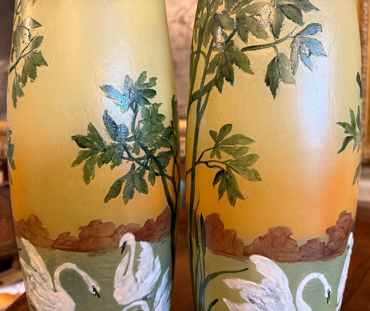 Legras Pair Of Art Nouveau Enameled Vases Decorated With Swans, Late 19th Century-photo-2