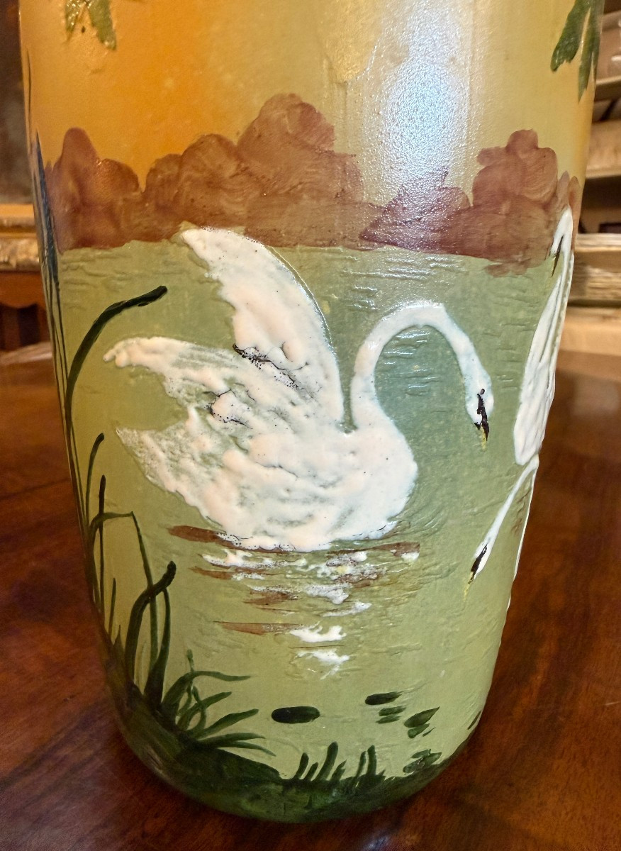 Legras Pair Of Art Nouveau Enameled Vases Decorated With Swans, Late 19th Century-photo-4