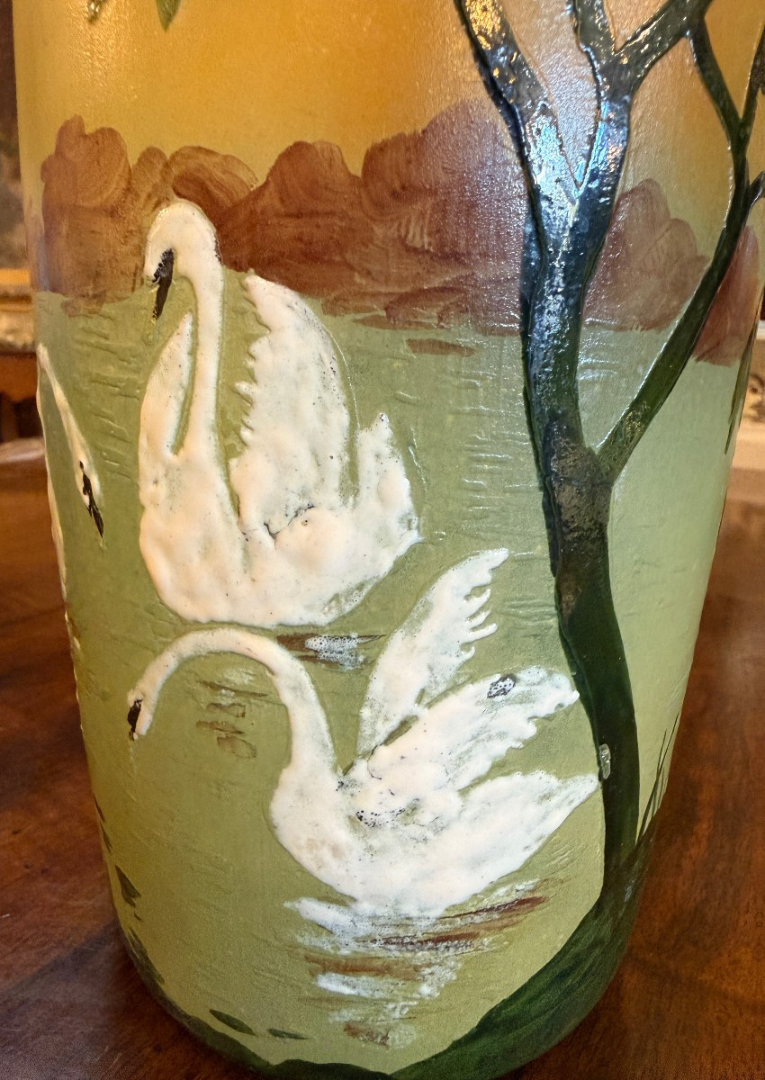 Legras Pair Of Art Nouveau Enameled Vases Decorated With Swans, Late 19th Century-photo-5