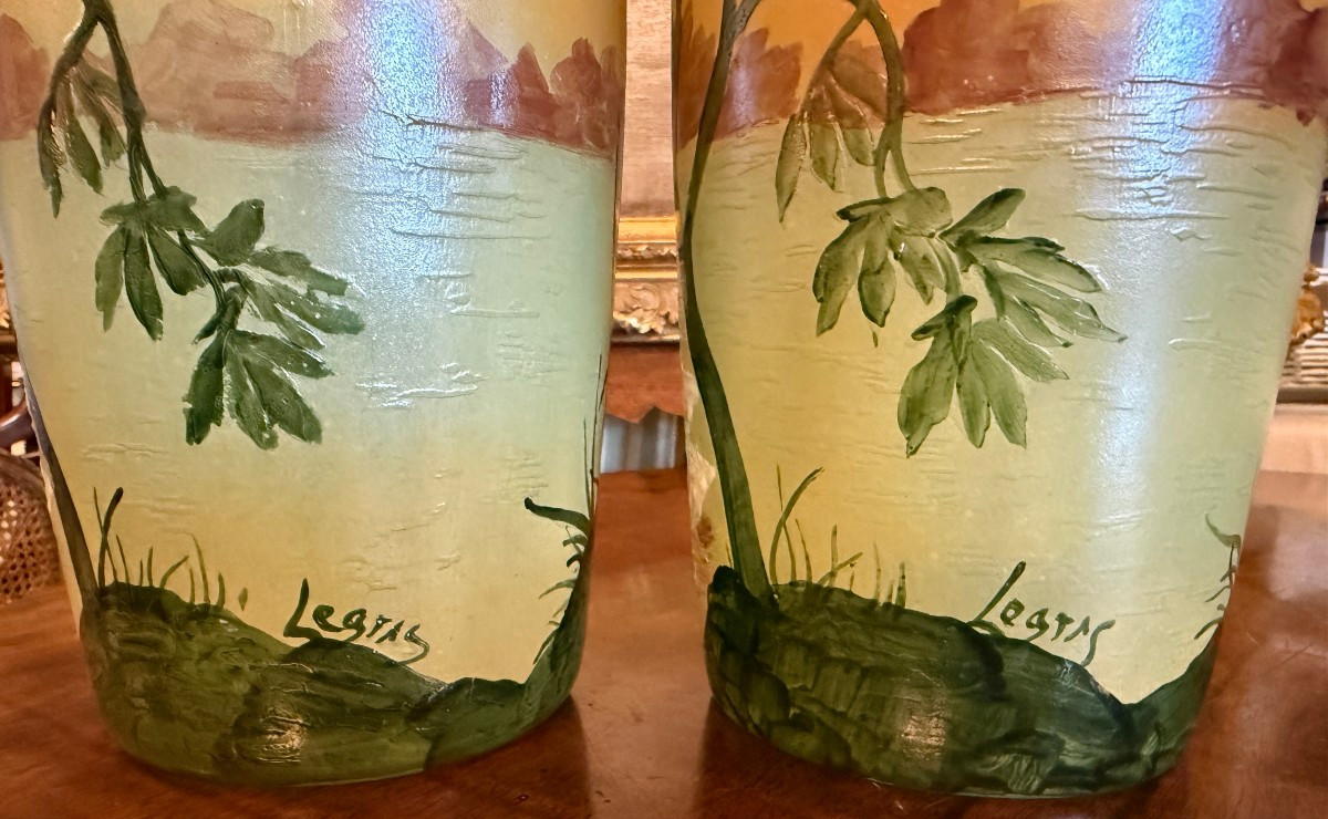 Legras Pair Of Art Nouveau Enameled Vases Decorated With Swans, Late 19th Century-photo-8
