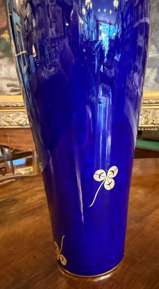 Sèvres Porcelain Vase, Blue Kiln-fired Porcelain, Clover Decoration, 1918-photo-4