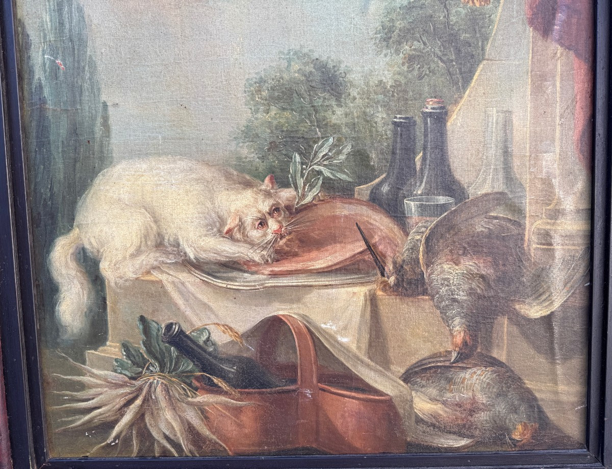 Nature morte au buffet avec un  chat dévorant le  jambon école française du XVIIIème siècle-photo-2
