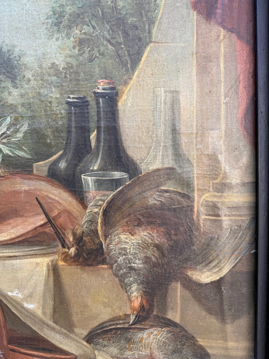 Nature morte au buffet avec un  chat dévorant le  jambon école française du XVIIIème siècle-photo-1