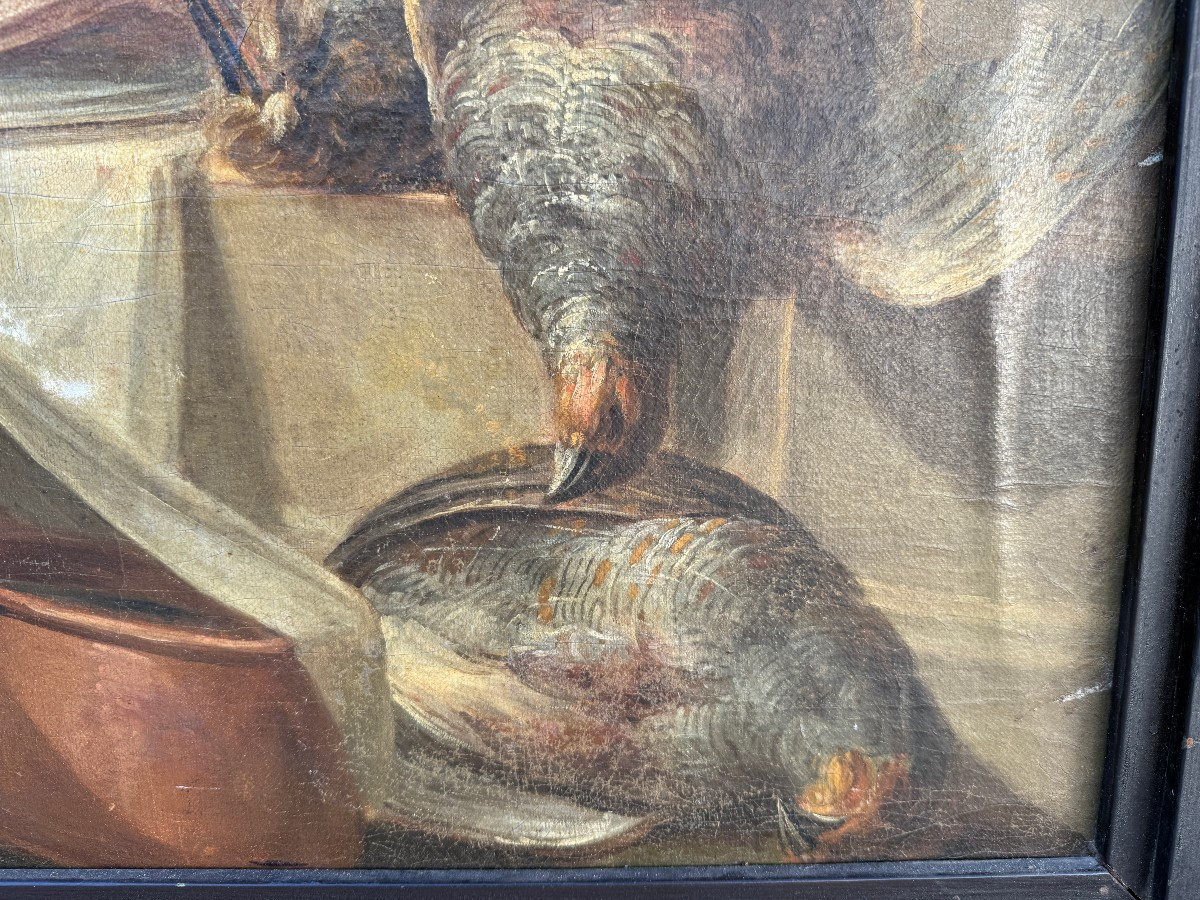 Nature morte au buffet avec un  chat dévorant le  jambon école française du XVIIIème siècle-photo-2