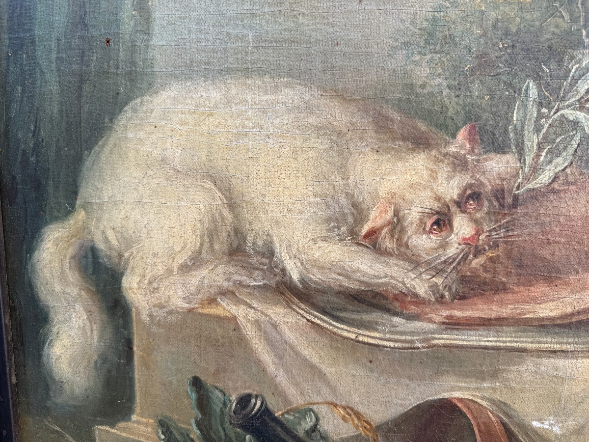 Nature morte au buffet avec un  chat dévorant le  jambon école française du XVIIIème siècle-photo-6