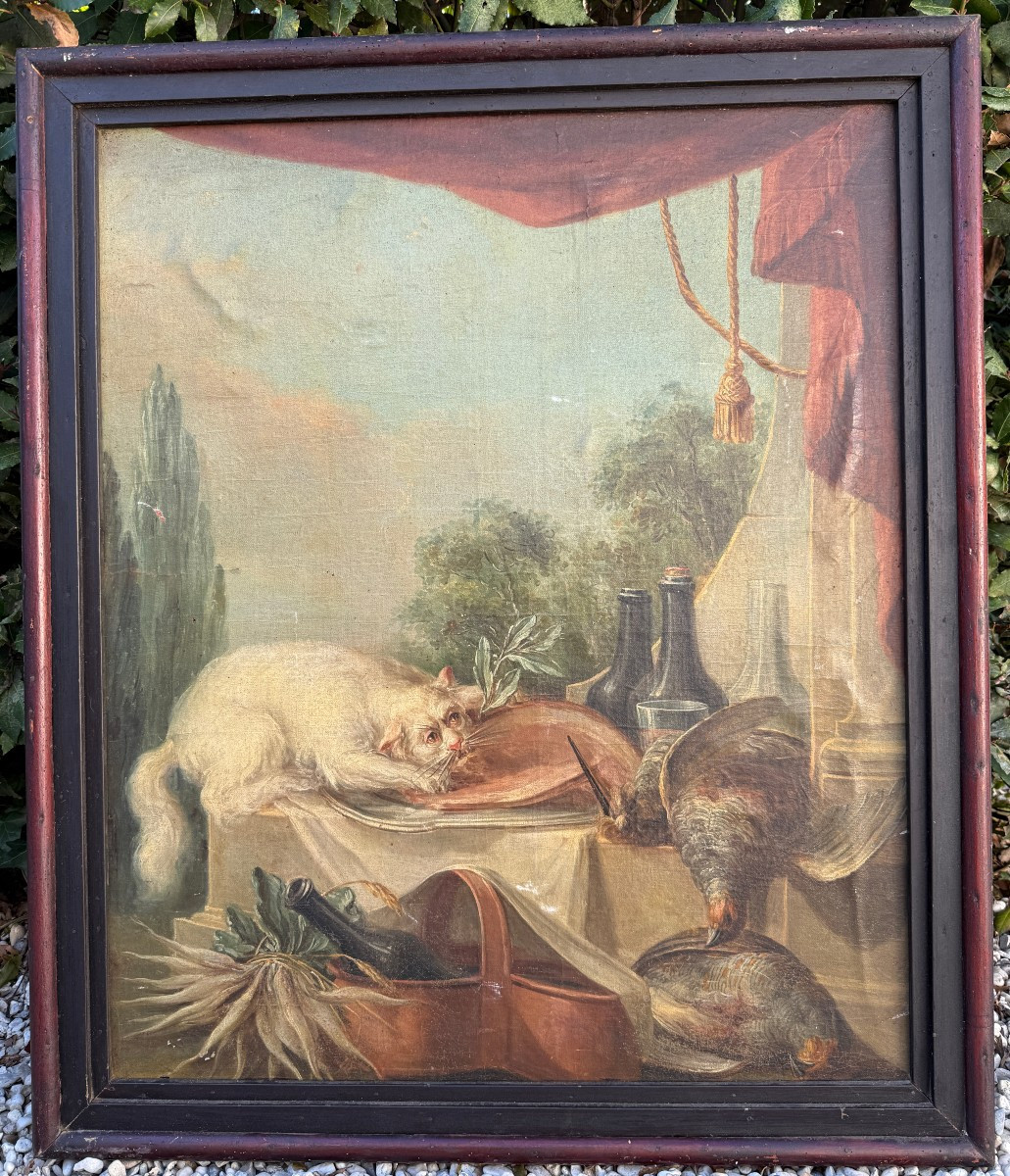 Nature morte au buffet avec un  chat dévorant le  jambon école française du XVIIIème siècle