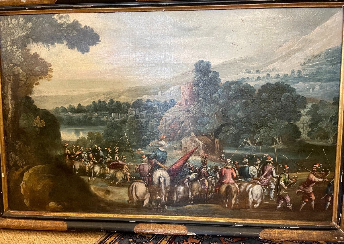Très grand tableau cavaliers en armes avant la bataille école espagnole XVIIème 152 X 92 cm -photo-2