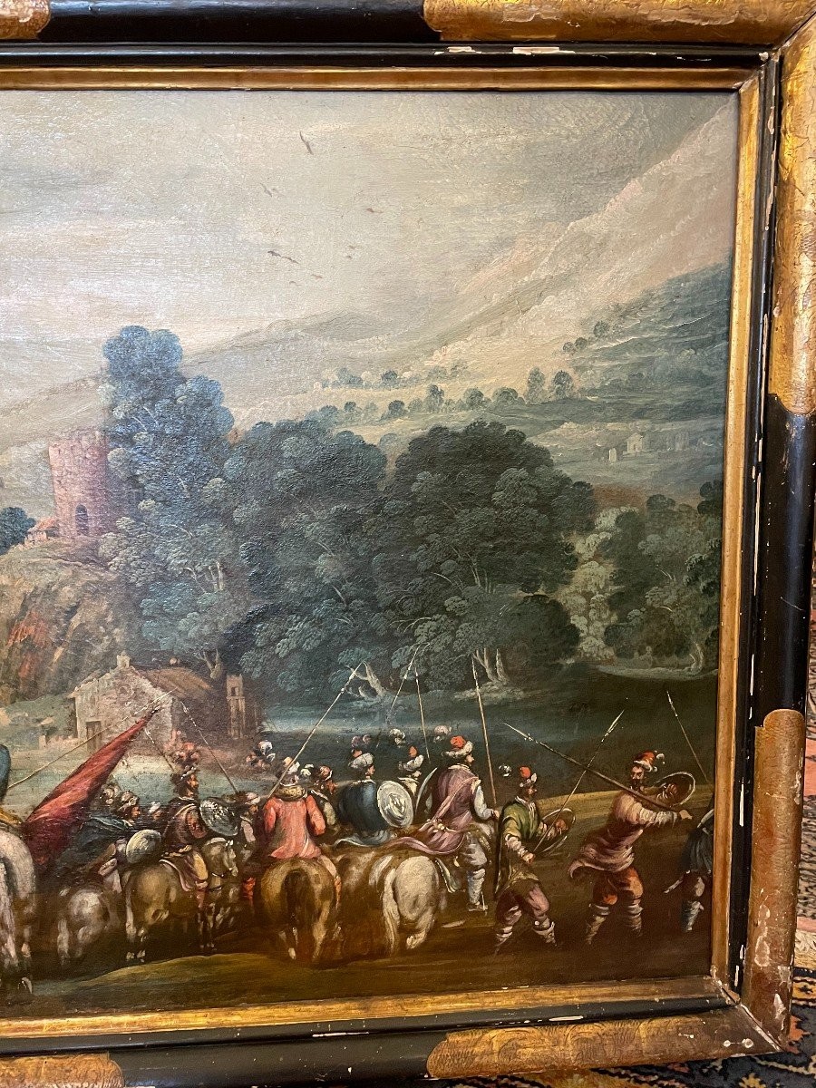 Très grand tableau cavaliers en armes avant la bataille école espagnole XVIIème 152 X 92 cm -photo-2