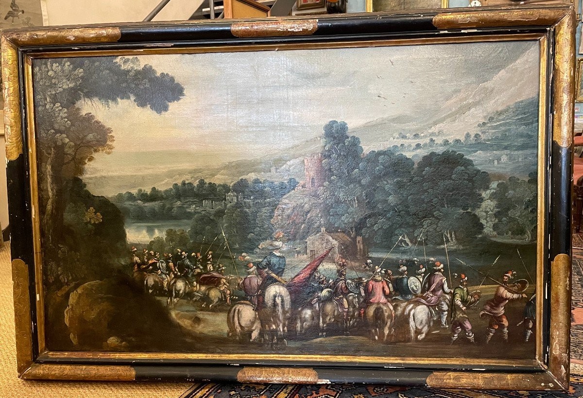 Très grand tableau cavaliers en armes avant la bataille école espagnole XVIIème 152 X 92 cm 