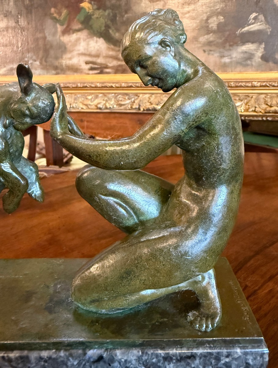 Small Art Deco Bronze Sculpture Of Artemis, Or A Nude Woman Playing With A Kid, By Doumenc-photo-2