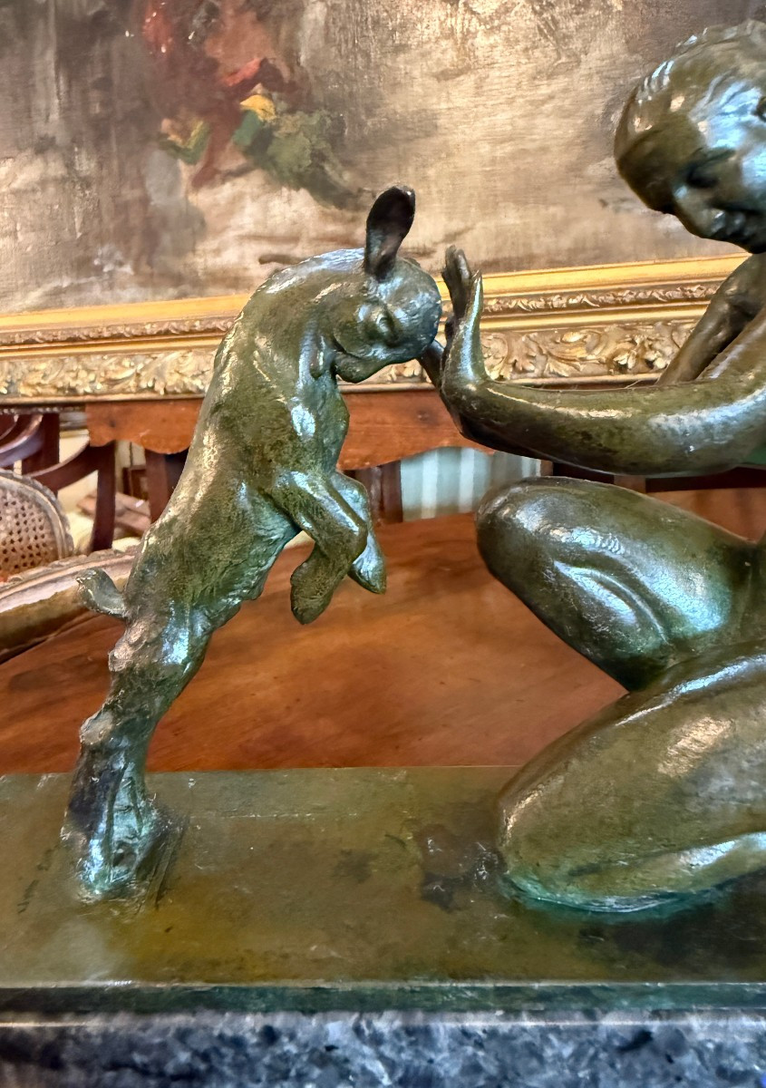 Small Art Deco Bronze Sculpture Of Artemis, Or A Nude Woman Playing With A Kid, By Doumenc-photo-3