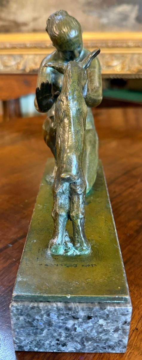 Small Art Deco Bronze Sculpture Of Artemis, Or A Nude Woman Playing With A Kid, By Doumenc-photo-4