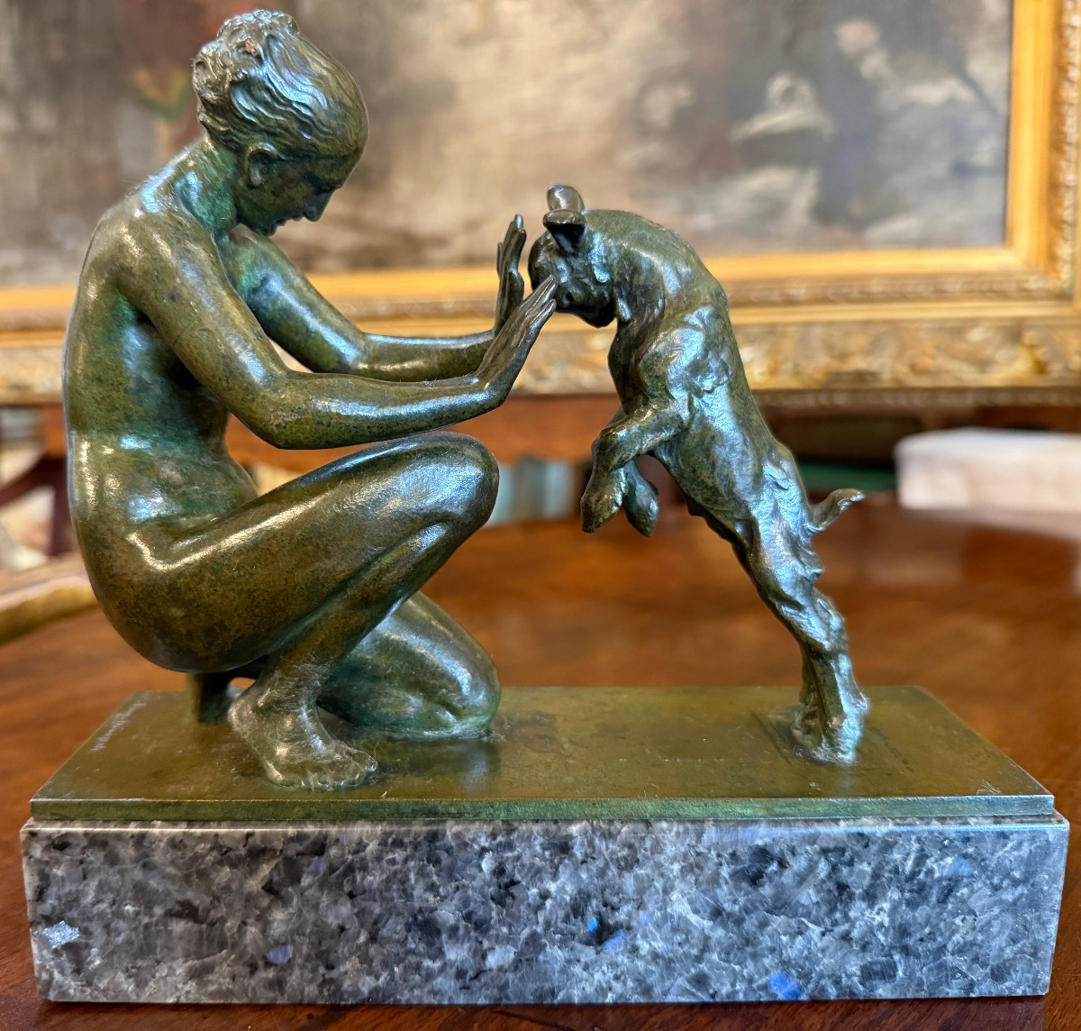 Small Art Deco Bronze Sculpture Of Artemis, Or A Nude Woman Playing With A Kid, By Doumenc-photo-1