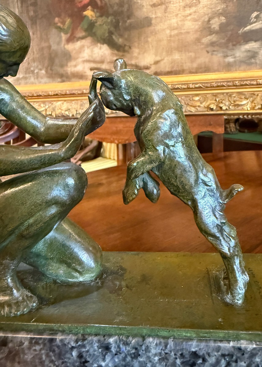 Small Art Deco Bronze Sculpture Of Artemis, Or A Nude Woman Playing With A Kid, By Doumenc-photo-3