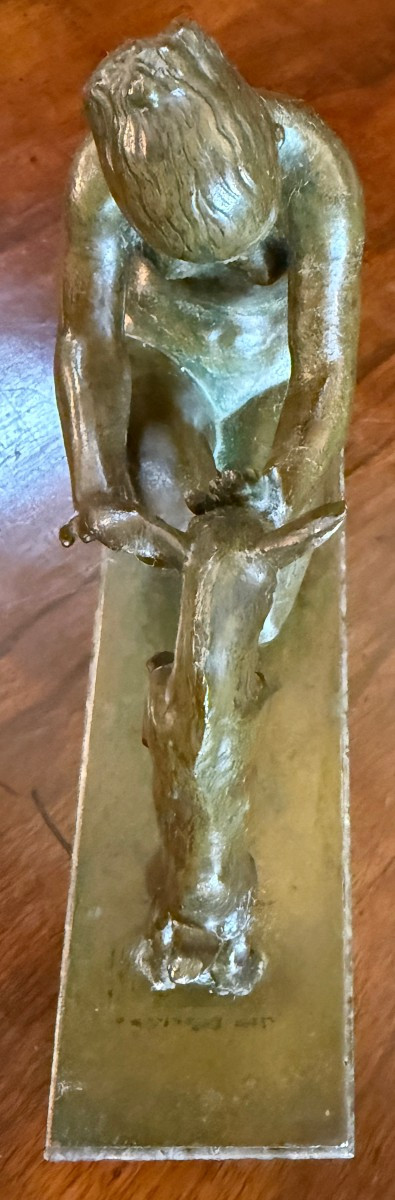 Small Art Deco Bronze Sculpture Of Artemis, Or A Nude Woman Playing With A Kid, By Doumenc-photo-5
