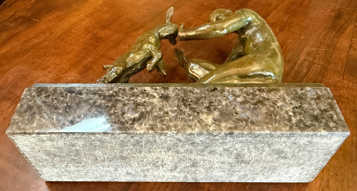 Small Art Deco Bronze Sculpture Of Artemis, Or A Nude Woman Playing With A Kid, By Doumenc-photo-8