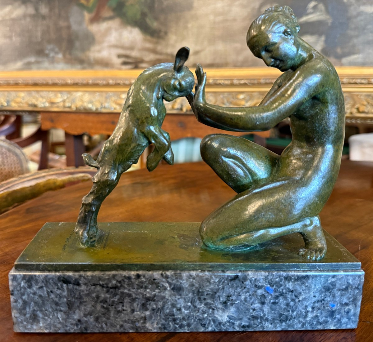 Small Art Deco Bronze Sculpture Of Artemis, Or A Nude Woman Playing With A Kid, By Doumenc