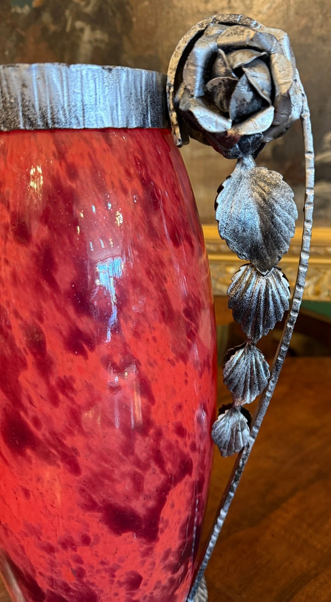 Large Art Deco Glass Vase With Wrought Iron Mount By André Delatte In Nancy, 1925-photo-4