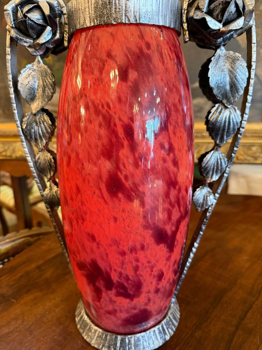 Large Art Deco Glass Vase With Wrought Iron Mount By André Delatte In Nancy, 1925-photo-1