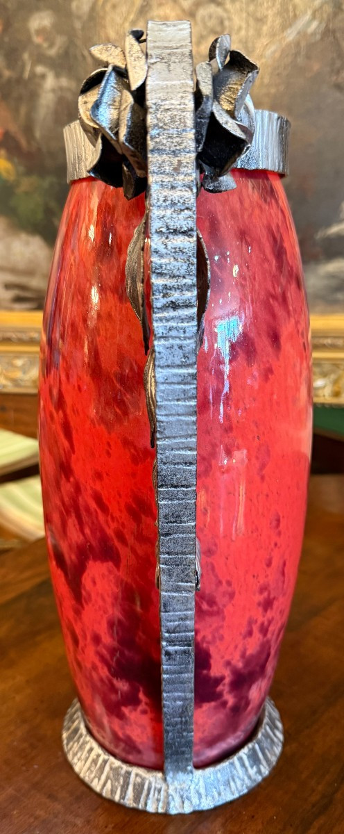 Large Art Deco Glass Vase With Wrought Iron Mount By André Delatte In Nancy, 1925-photo-2