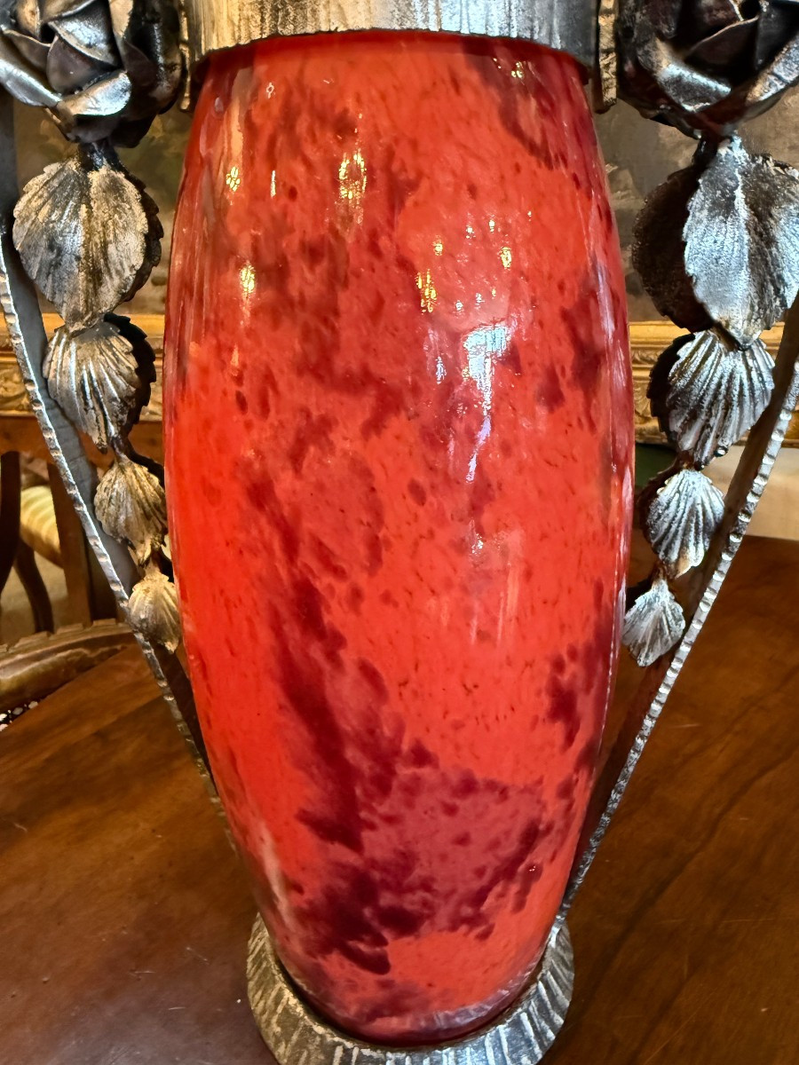 Large Art Deco Glass Vase With Wrought Iron Mount By André Delatte In Nancy, 1925-photo-4