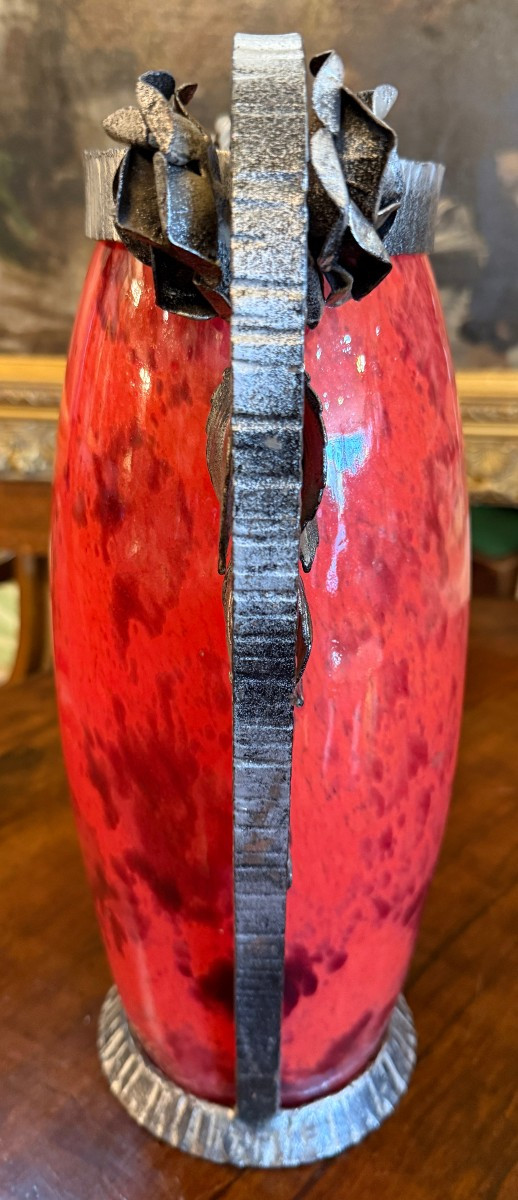 Large Art Deco Glass Vase With Wrought Iron Mount By André Delatte In Nancy, 1925-photo-5